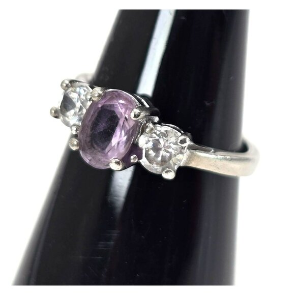 Amethyst & White Topaz Sterling Silver Ring Size 5.75 Elegant Oval Cut LI647 - Picture 1 of 16